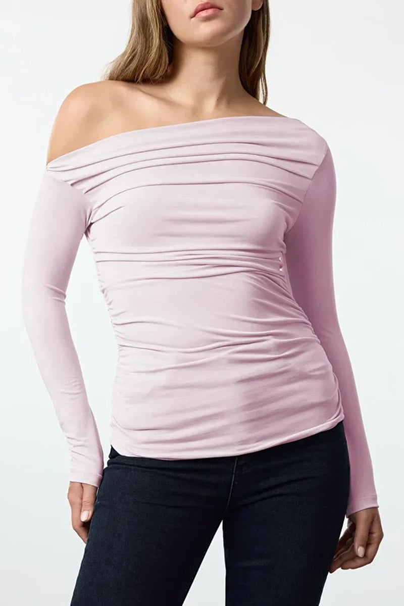 Draped/Gathered Detail Long-Sleeve Stretch Knit Fitted Blouse