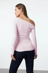 Draped/Gathered Detail Long-Sleeve Stretch Knit Fitted Blouse