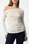 Draped/Gathered Detail Long-Sleeve Stretch Knit Fitted Blouse