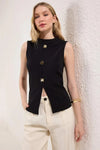 Crew Neck Knit Vest Blouse with Decorative Button Detail – Regular Length