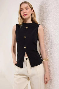Crew Neck Knit Vest Blouse with Decorative Button Detail – Regular Length