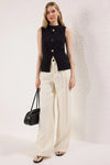 Crew Neck Knit Vest Blouse with Decorative Button Detail – Regular Length