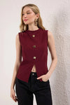Crew Neck Knit Vest Blouse with Decorative Button Detail – Regular Length