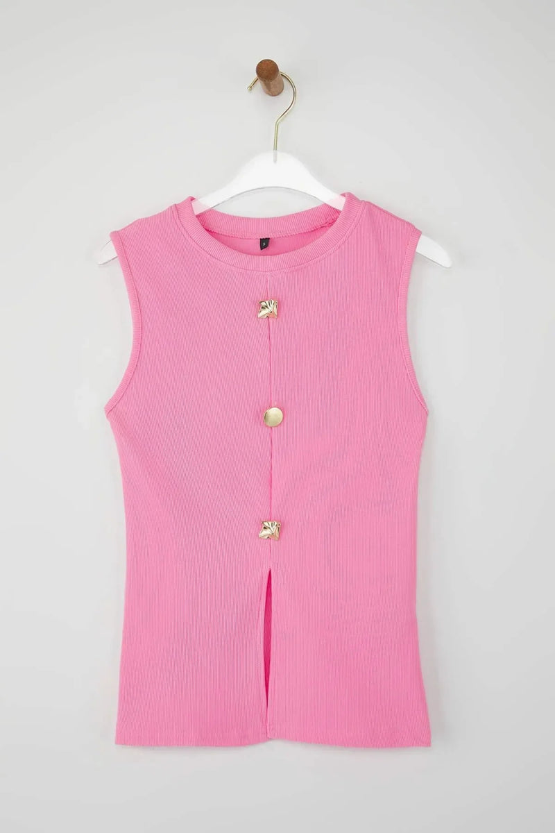 Crew Neck Knit Vest Blouse with Decorative Button Detail – Regular Length