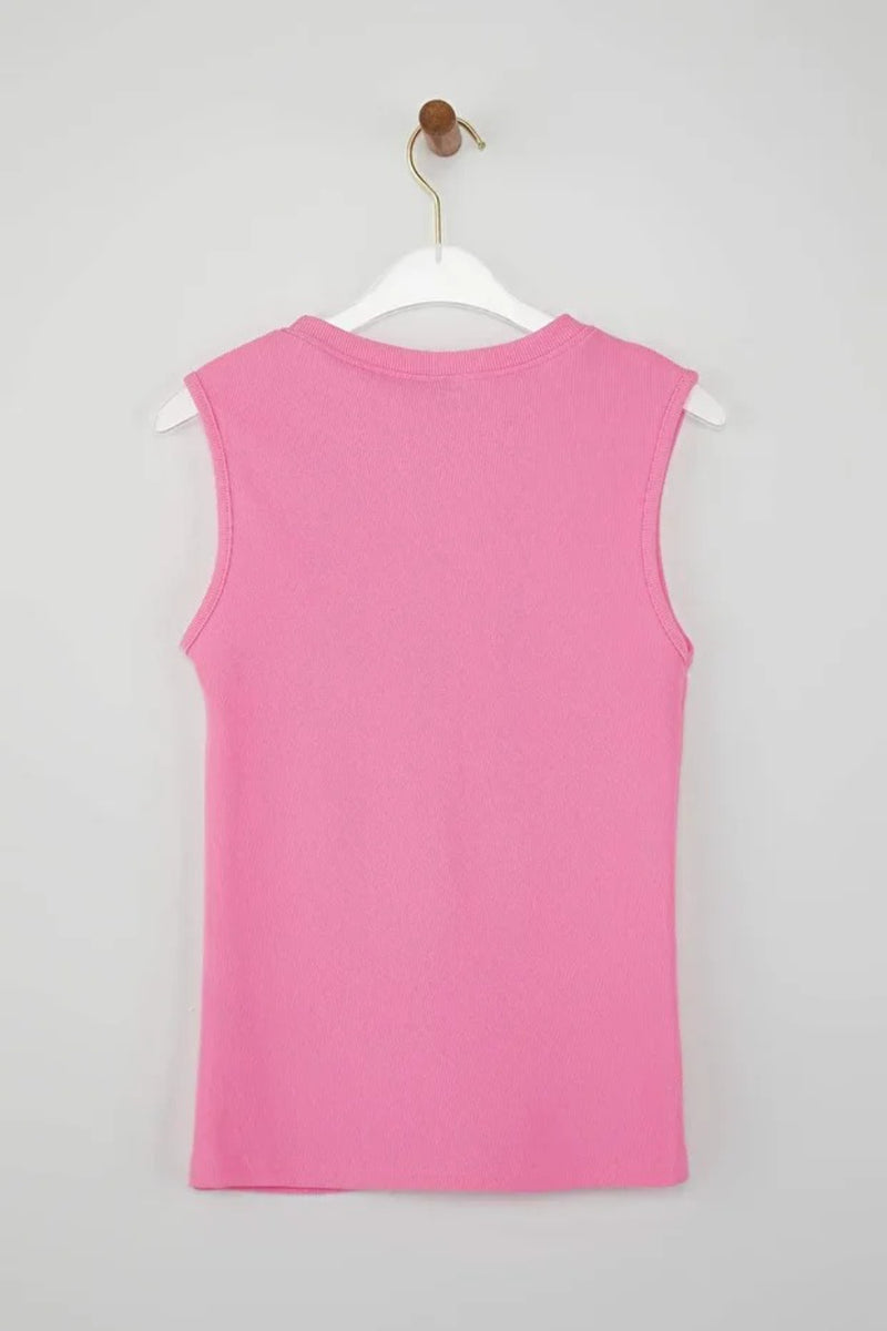 Crew Neck Knit Vest Blouse with Decorative Button Detail – Regular Length