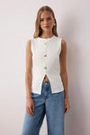 Crew Neck Knit Vest Blouse with Decorative Button Detail – Regular Length