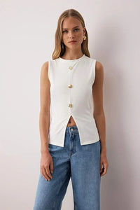 Crew Neck Knit Vest Blouse with Decorative Button Detail – Regular Length