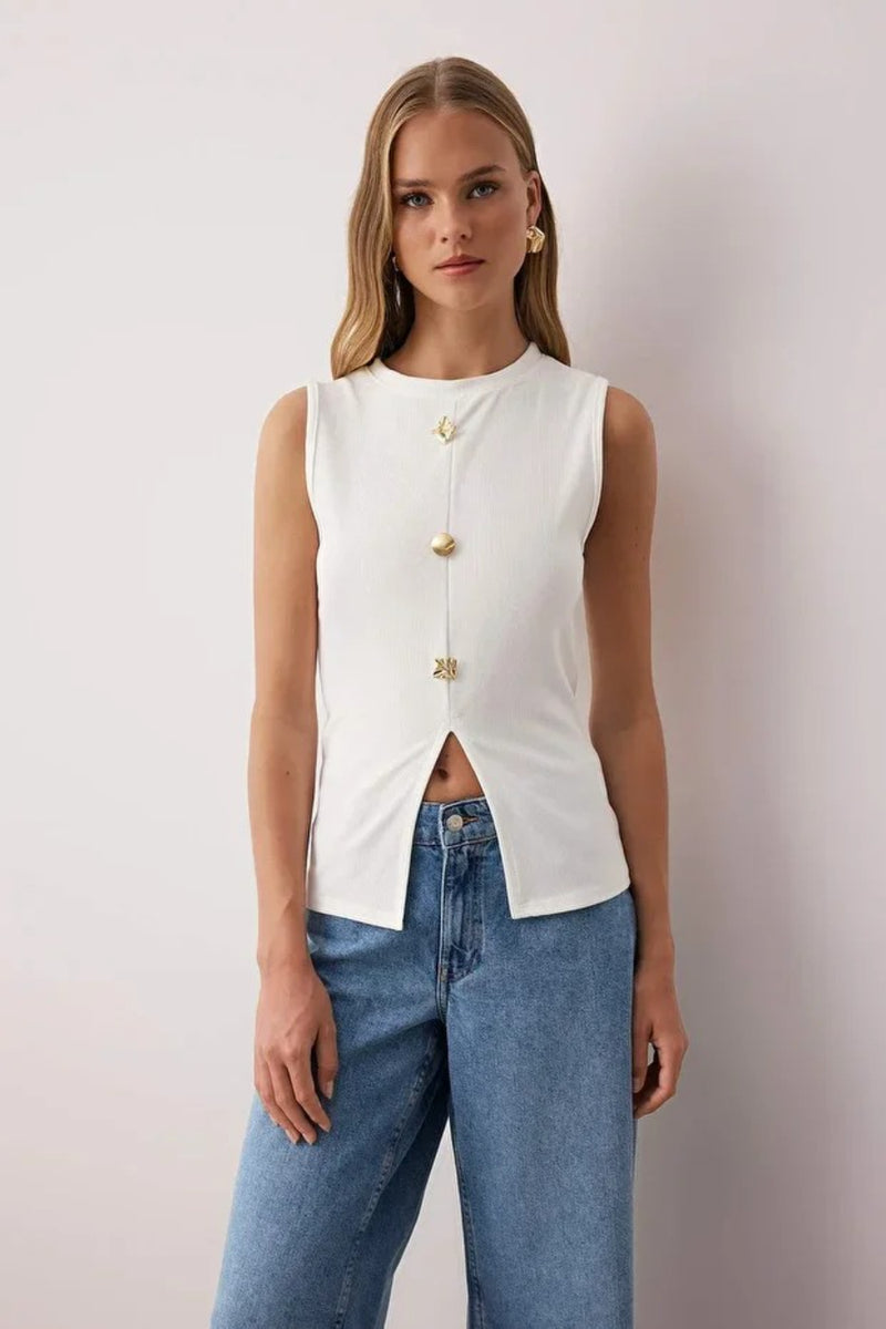Crew Neck Knit Vest Blouse with Decorative Button Detail – Regular Length