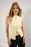 Crew Neck Knit Vest Blouse with Decorative Button Detail – Regular Length