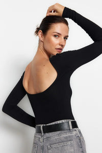 Cotton Stretch Fitted Knit Blouse with Open Back Detail