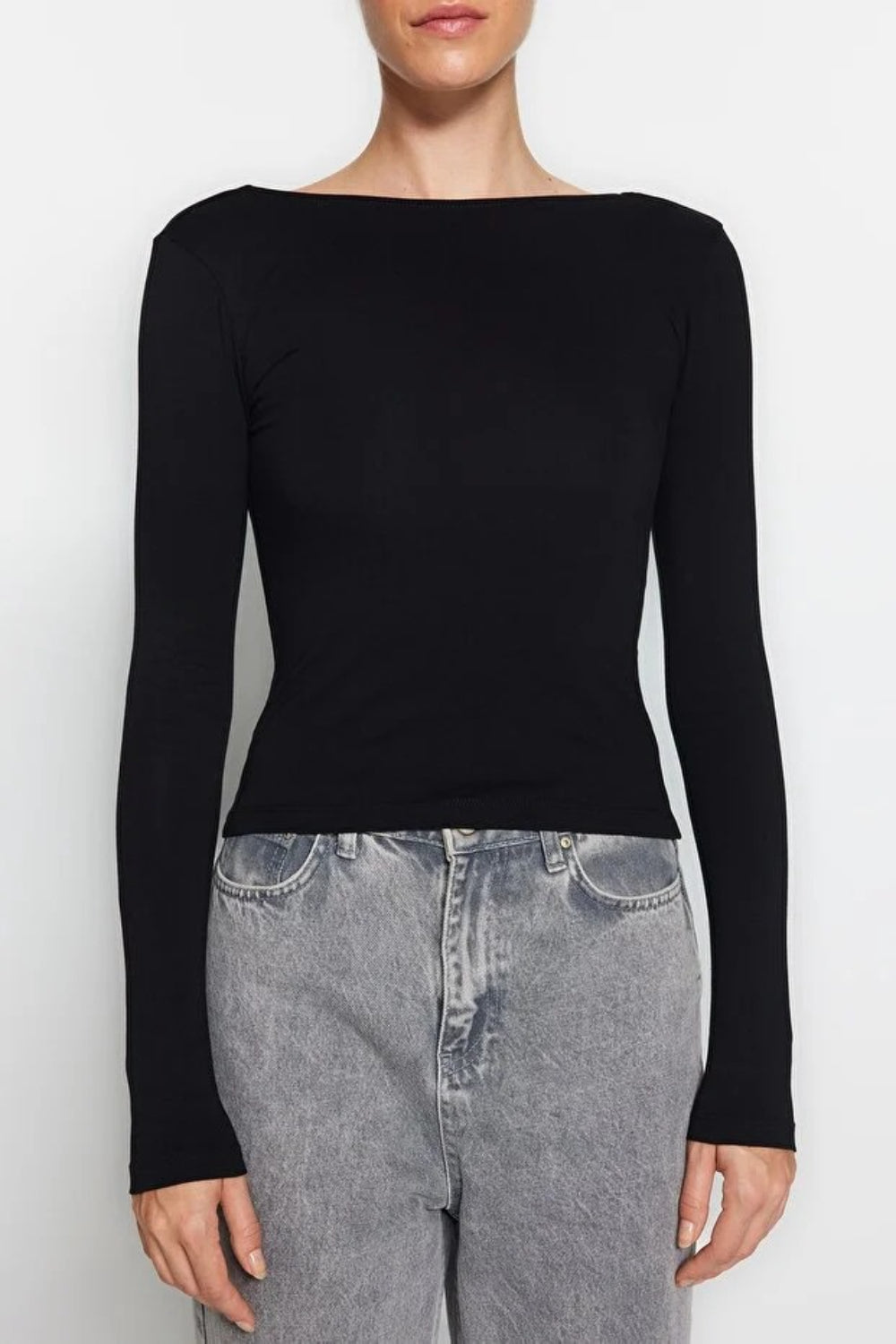 Cotton Stretch Fitted Knit Blouse with Open Back Detail