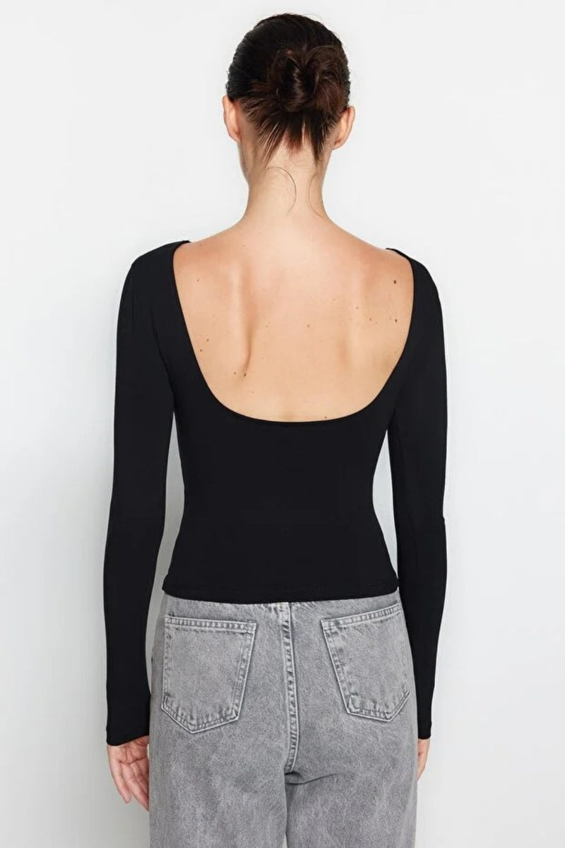 Cotton Stretch Fitted Knit Blouse with Open Back Detail
