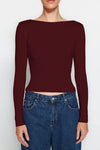 Cotton Stretch Fitted Knit Blouse with Open Back Detail