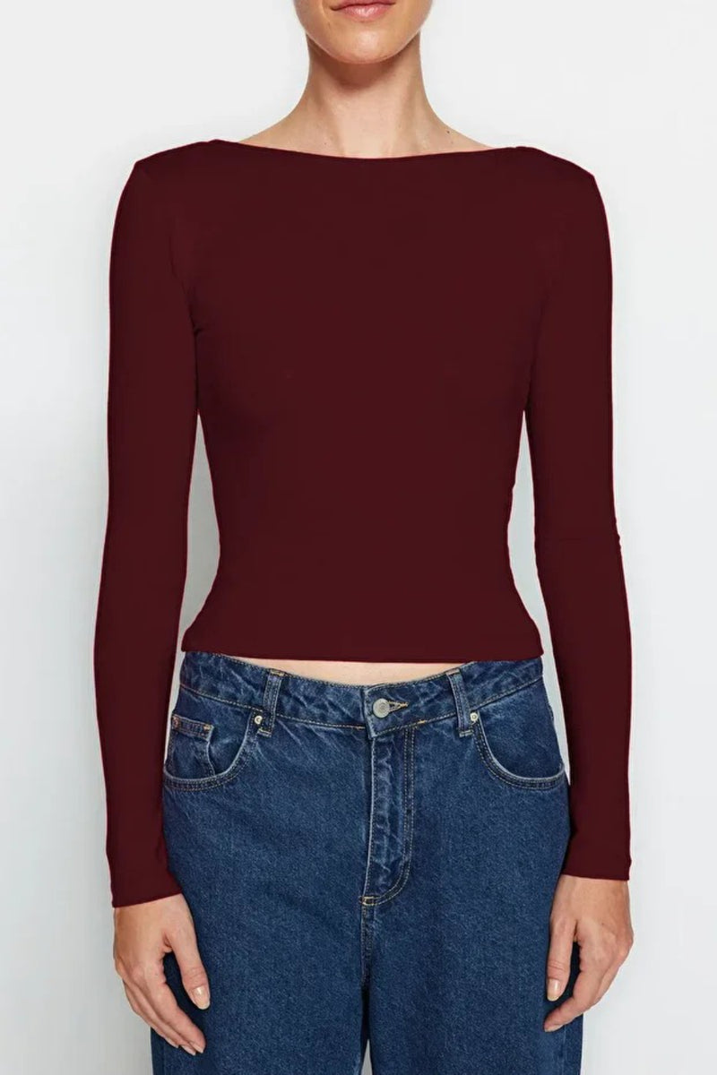 Cotton Stretch Fitted Knit Blouse with Open Back Detail