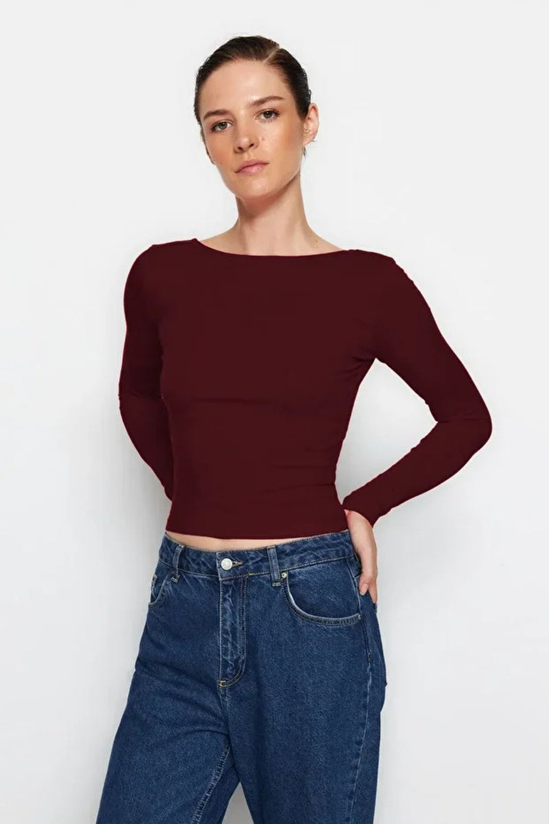 Cotton Stretch Fitted Knit Blouse with Open Back Detail