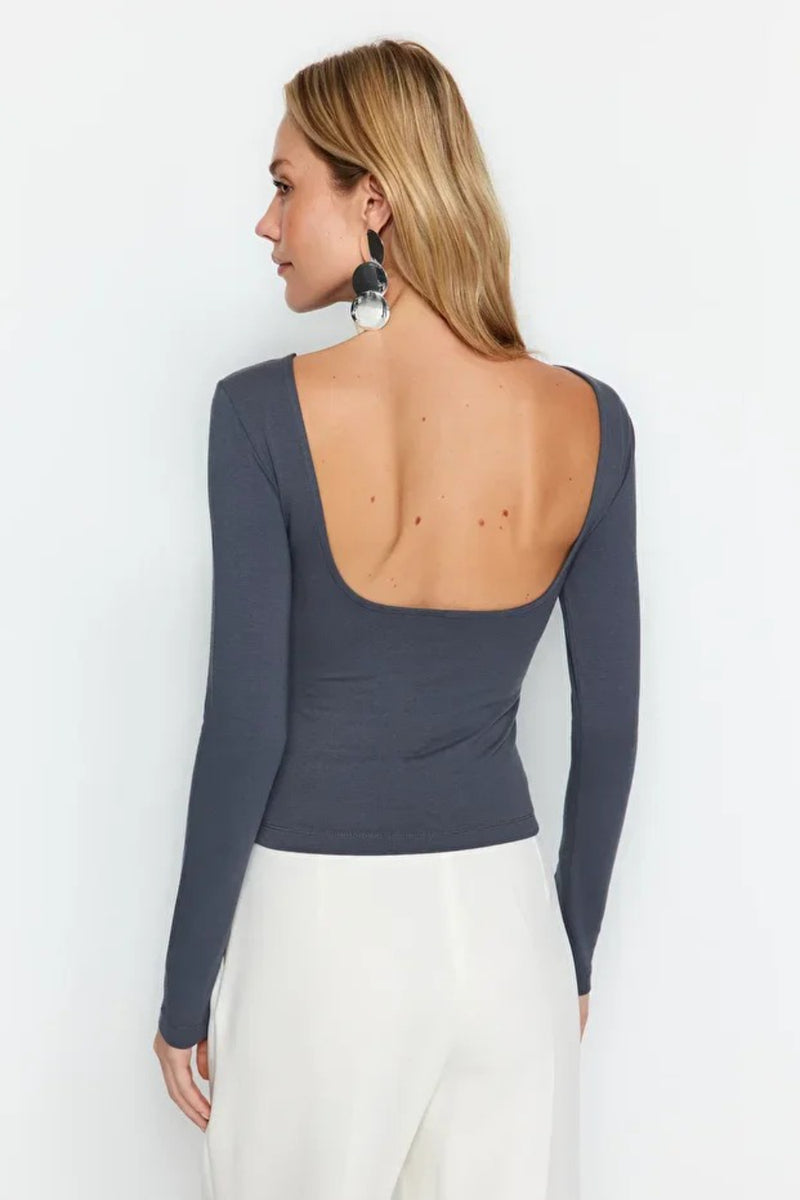 Cotton Stretch Fitted Knit Blouse with Open Back Detail