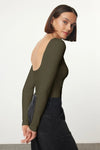 Cotton Stretch Fitted Knit Blouse with Open Back Detail