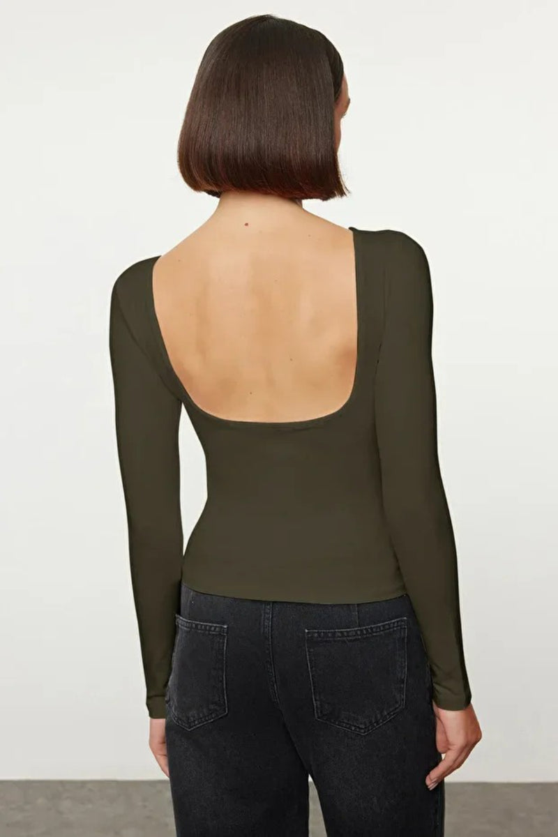 Cotton Stretch Fitted Knit Blouse with Open Back Detail