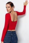 Cotton Stretch Fitted Knit Blouse with Open Back Detail