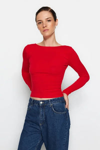 Cotton Stretch Fitted Knit Blouse with Open Back Detail