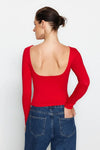 Cotton Stretch Fitted Knit Blouse with Open Back Detail
