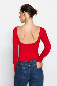 Cotton Stretch Fitted Knit Blouse with Open Back Detail