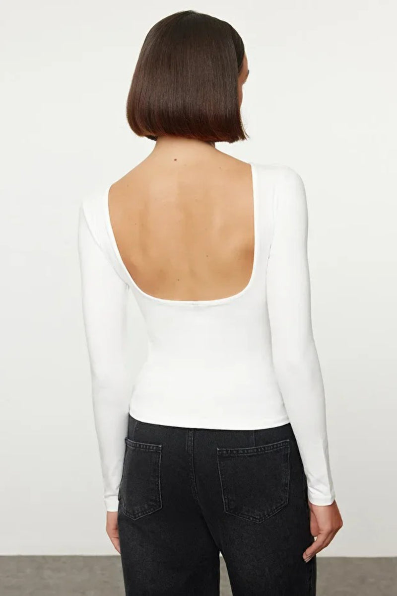 Cotton Stretch Fitted Knit Blouse with Open Back Detail