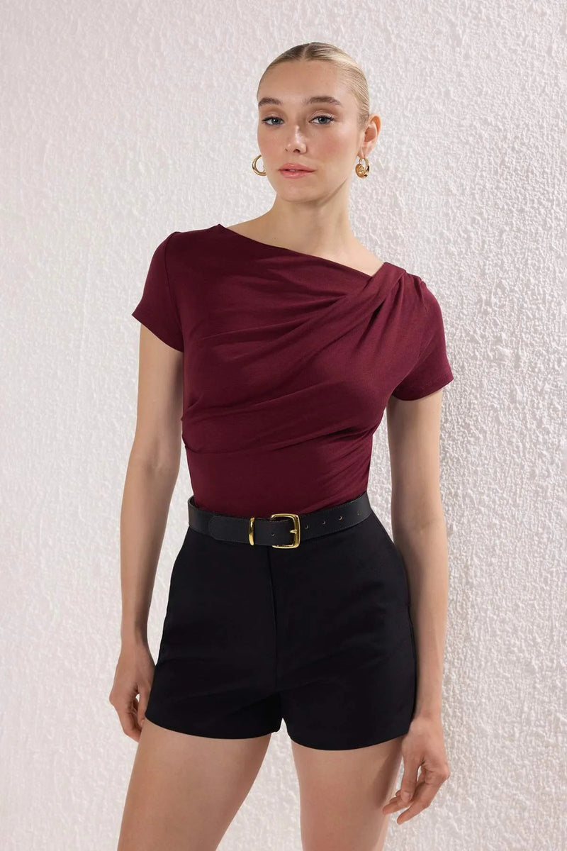 Draped/Gathered Detail Fitted Knit Blouse