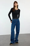 Mélange Ribbed Stretch Knit Blouse with Snap Buttons – Fitted