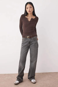 Mélange Ribbed Stretch Knit Blouse with Snap Buttons – Fitted