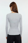 Mélange Ribbed Stretch Knit Blouse with Snap Buttons – Fitted
