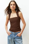 Plain Square-Neck Ruched Fitted Stretch Knit Blouse