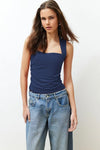 Plain Square-Neck Ruched Fitted Stretch Knit Blouse