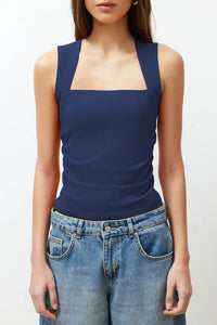 Plain Square-Neck Ruched Fitted Stretch Knit Blouse