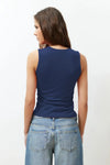 Plain Square-Neck Ruched Fitted Stretch Knit Blouse