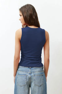 Plain Square-Neck Ruched Fitted Stretch Knit Blouse