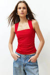 Plain Square-Neck Ruched Fitted Stretch Knit Blouse
