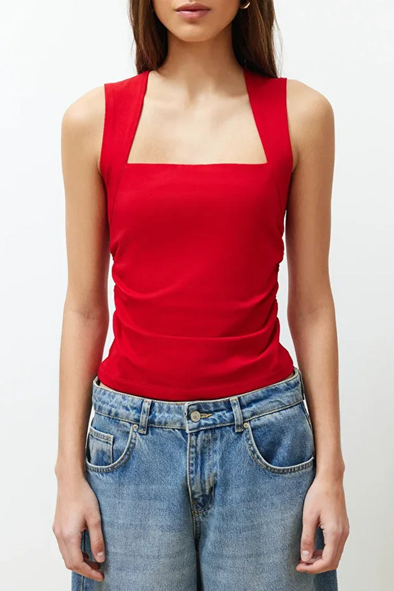 Plain Square-Neck Ruched Fitted Stretch Knit Blouse