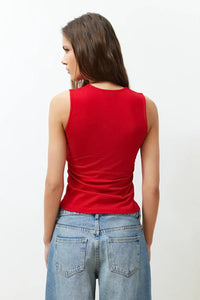 Plain Square-Neck Ruched Fitted Stretch Knit Blouse