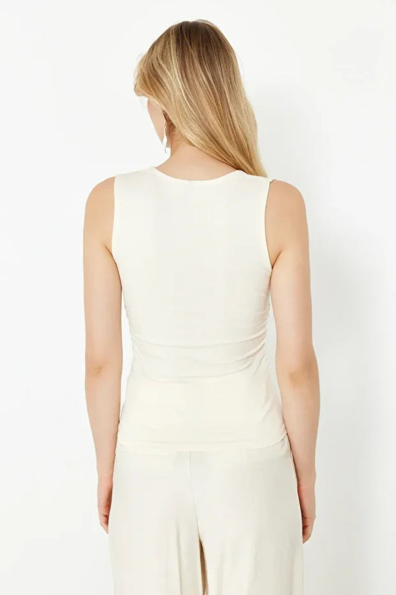 Plain Square-Neck Ruched Fitted Stretch Knit Blouse