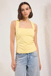 Plain Square-Neck Ruched Fitted Stretch Knit Blouse