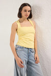 Plain Square-Neck Ruched Fitted Stretch Knit Blouse