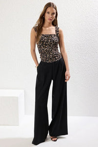 Polka Dot Lined Printed Tulle Fitted Crop Knit Blouse with Bow Detail