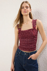 Polka Dot Lined Printed Tulle Fitted Crop Knit Blouse with Bow Detail