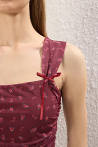 Polka Dot Lined Printed Tulle Fitted Crop Knit Blouse with Bow Detail