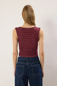 Polka Dot Lined Printed Tulle Fitted Crop Knit Blouse with Bow Detail
