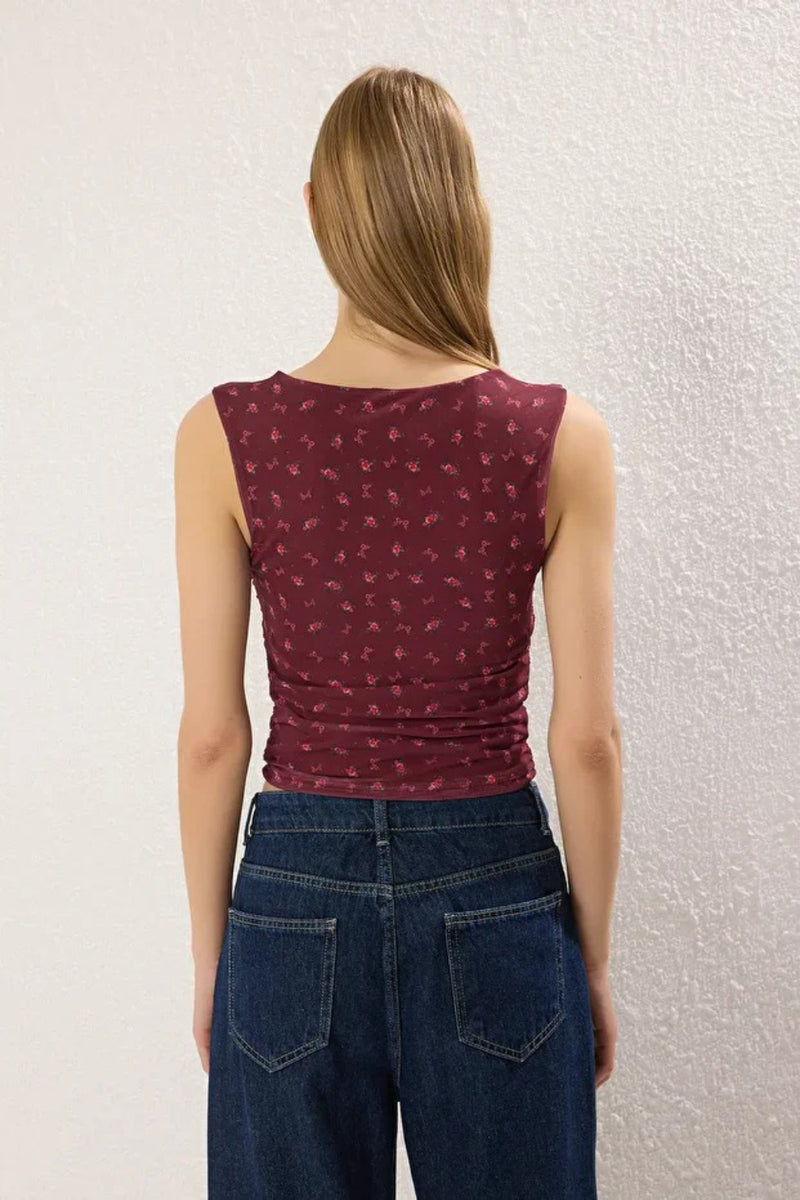 Polka Dot Lined Printed Tulle Fitted Crop Knit Blouse with Bow Detail