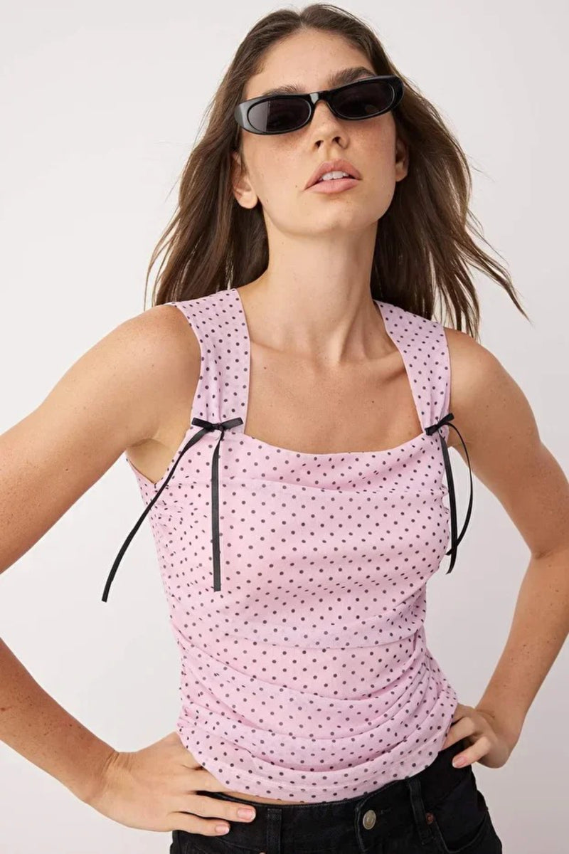 Polka Dot Lined Printed Tulle Fitted Crop Knit Blouse with Bow Detail