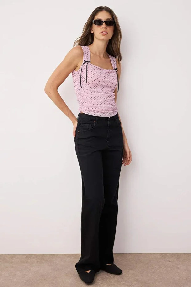 Polka Dot Lined Printed Tulle Fitted Crop Knit Blouse with Bow Detail