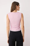 Polka Dot Lined Printed Tulle Fitted Crop Knit Blouse with Bow Detail